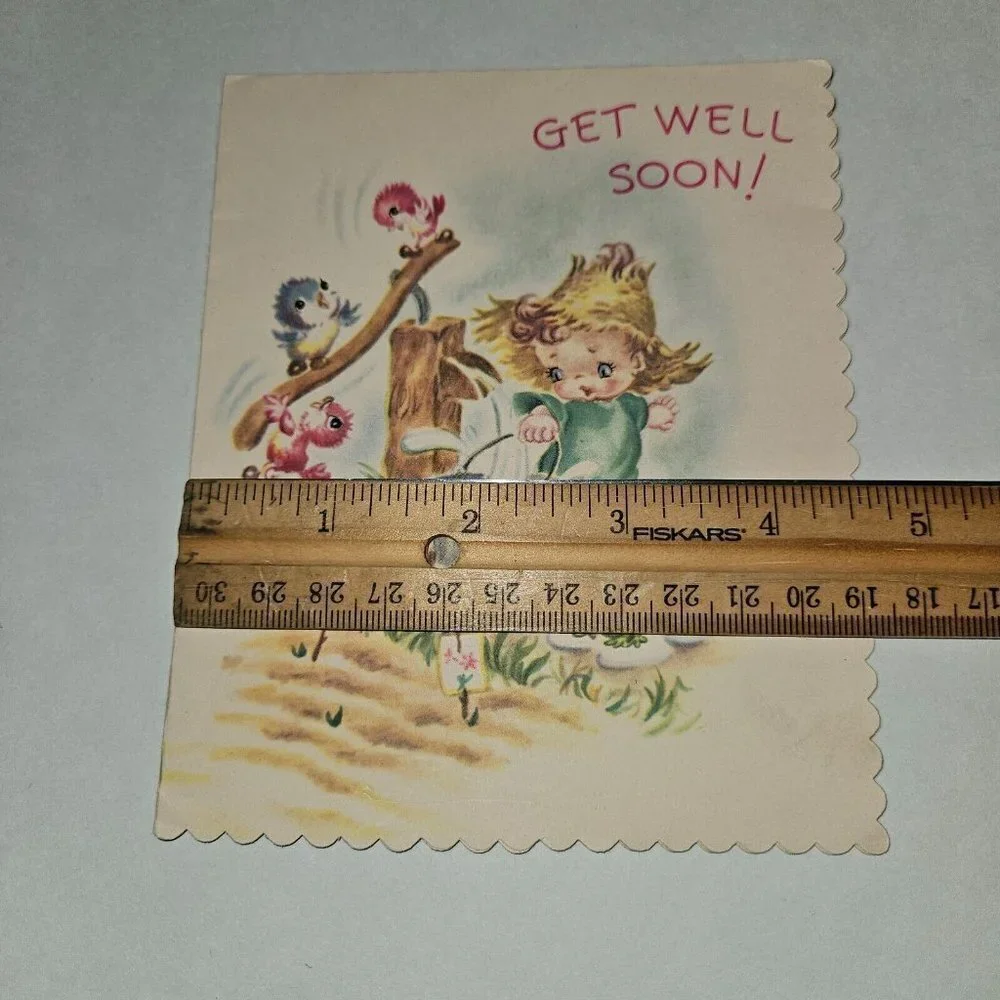 VTG Get Well Soon Greeting Card Boy Bird Water Scalloped Harry Doehla NEVER USED